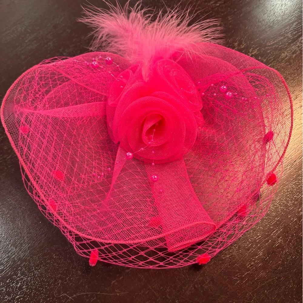 Hot Pink Fascinator Hat Mesh Feather Rose Kentucky Derby Tea Party. NEW